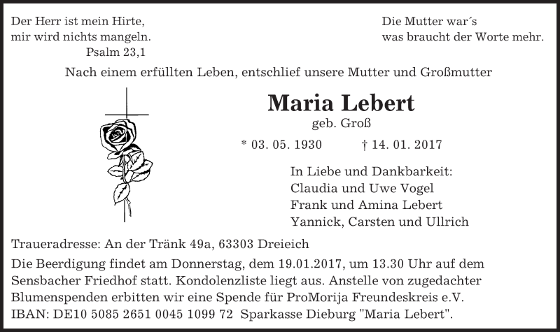 Traueranzeige für Maria Lebert vom 18.01.2017 aus Trauerportal Echo Online