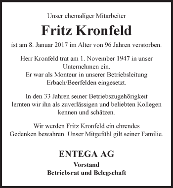 Traueranzeige von Fritz Kronfeld von Trauerportal Echo Online