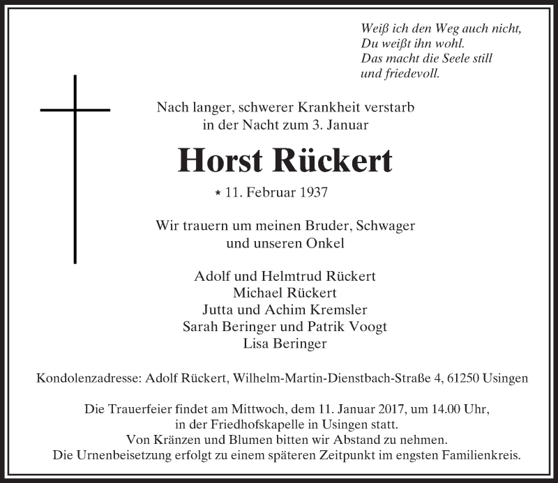  Traueranzeige für Horst Rückert vom 07.01.2017 aus  Usinger Anzeiger