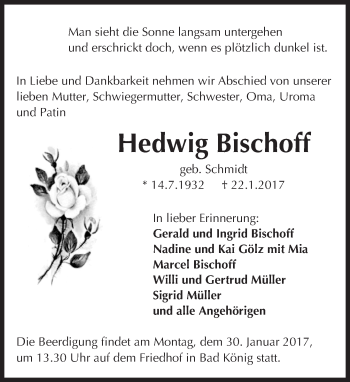Traueranzeige von Hedwig Bischoff von Trauerportal Echo Online
