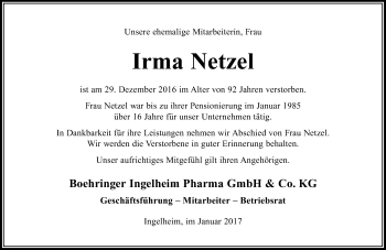 Traueranzeige von Irma Netzel von Trauerportal Rhein Main Presse
