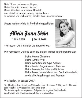Traueranzeige von Alicia Jana Stein von Trauerportal Rhein Main Presse