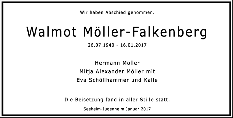  Traueranzeige für Walmot Möller-Falknberg vom 28.01.2017 aus Trauerportal Echo Online