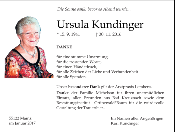 Traueranzeige von Ursula Kundinger von Trauerportal Rhein Main Presse