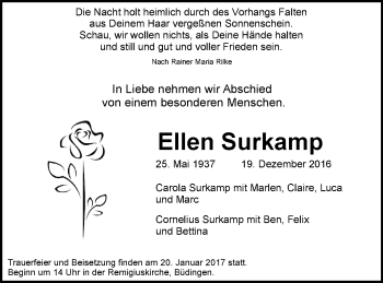 Traueranzeige von Ellen Surkamp von  Kreisanzeiger