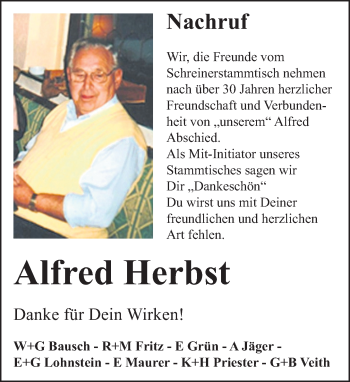 Traueranzeige von Alfred Herbst von  Usinger Anzeiger