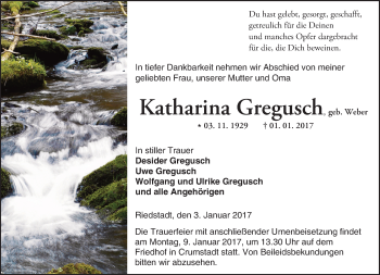 Traueranzeige von Katharina Gregusch von Trauerportal Echo Online