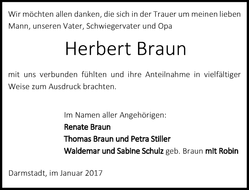  Traueranzeige für Herbert Braun vom 21.01.2017 aus Trauerportal Echo Online