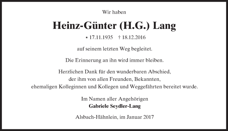  Traueranzeige für Heinz-Günter Lang vom 21.01.2017 aus Trauerportal Echo Online