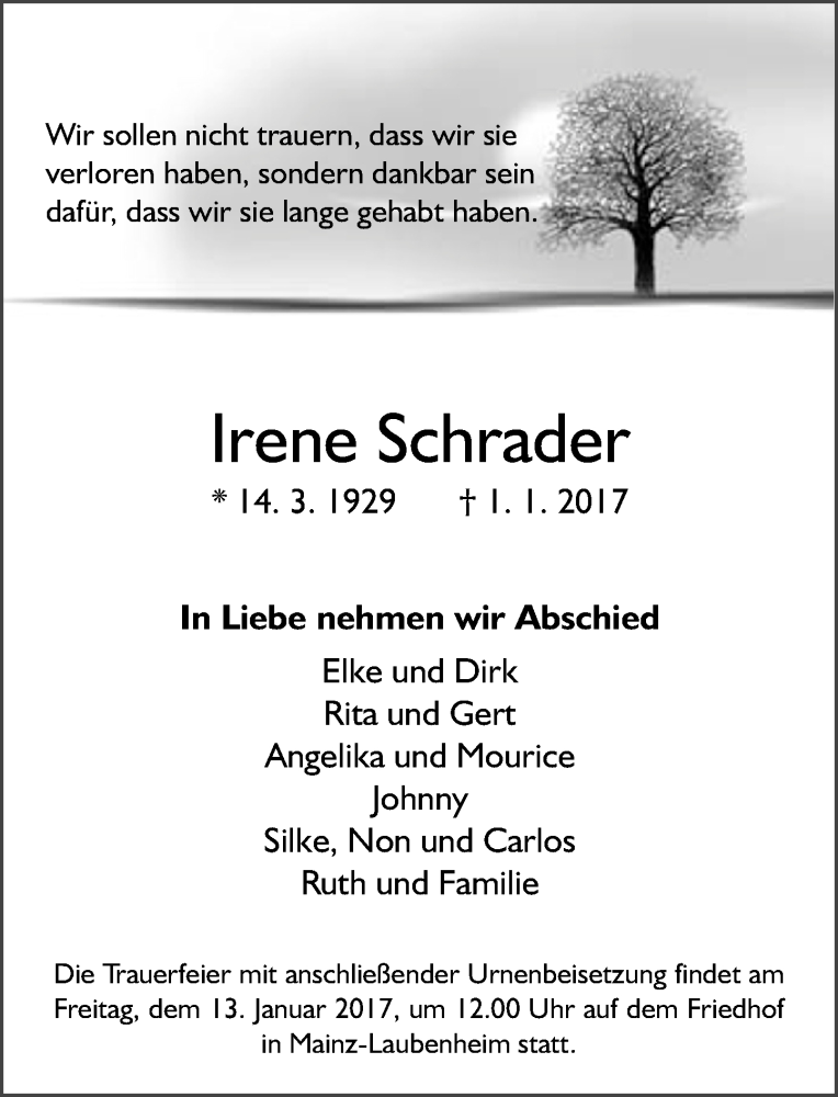  Traueranzeige für Irene Schrader vom 07.01.2017 aus Trauerportal Rhein Main Presse