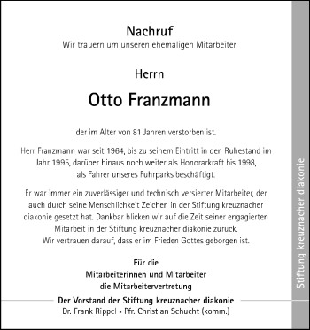 Traueranzeige von Otto Franzmann von Trauerportal Rhein Main Presse