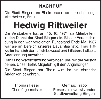 Traueranzeige von Hedwig Rittweiler von Trauerportal Rhein Main Presse