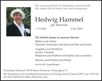 Traueranzeige von Hedwig Hammel von Trauerportal Rhein Main Presse