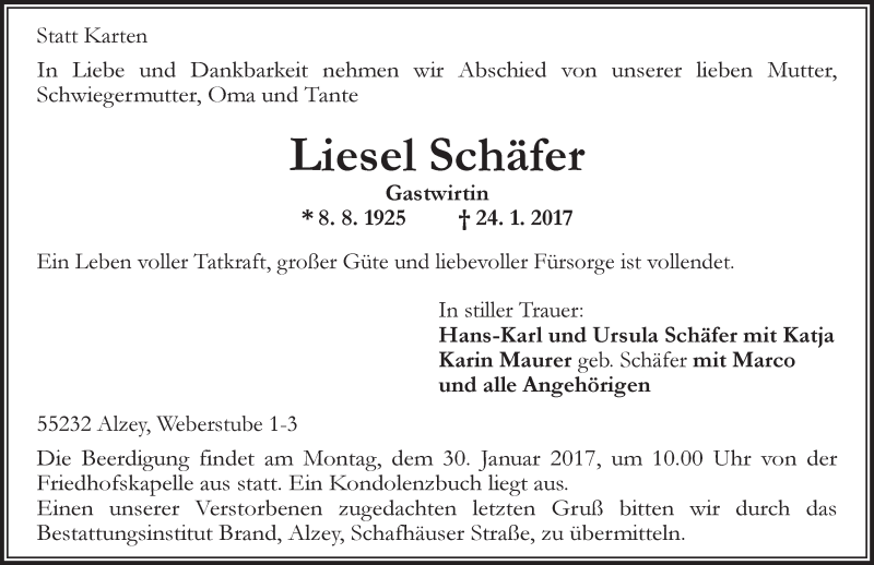  Traueranzeige für Liesel Schäfer vom 26.01.2017 aus Trauerportal Rhein Main Presse