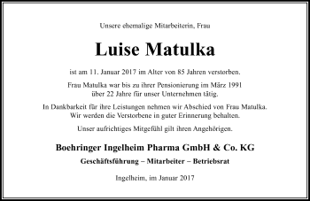 Traueranzeige von Luise Matulka von Trauerportal Rhein Main Presse