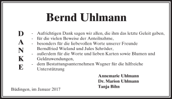 Traueranzeige von Bernd Uhlmann von  Kreisanzeiger
