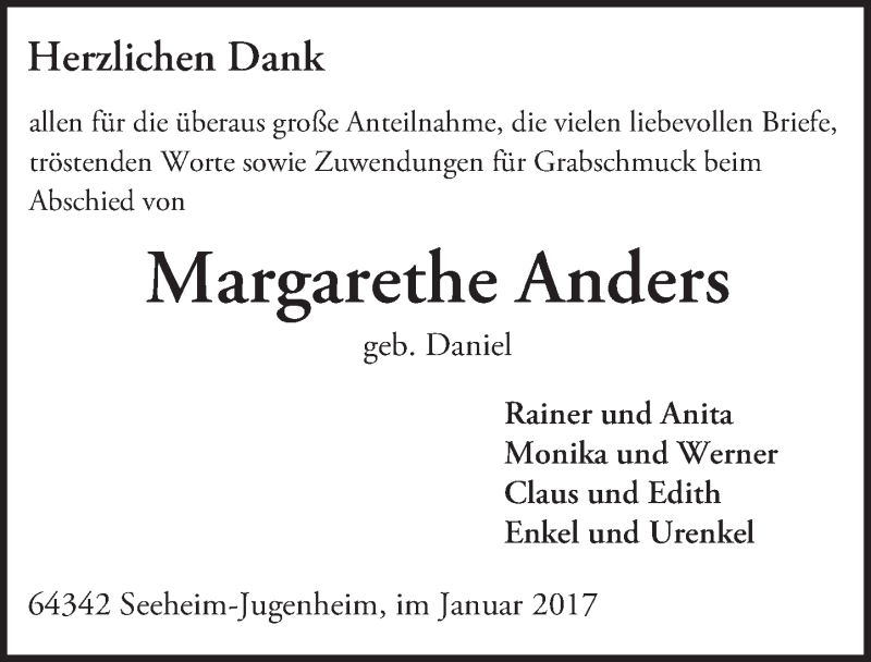  Traueranzeige für Margarethe Anders vom 14.01.2017 aus Trauerportal Echo Online