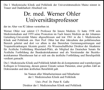Traueranzeige von Werner Ohler von Trauerportal Rhein Main Presse