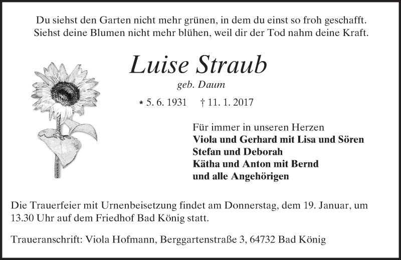 Traueranzeige für Luise Straub vom 14.01.2017 aus Trauerportal Echo Online