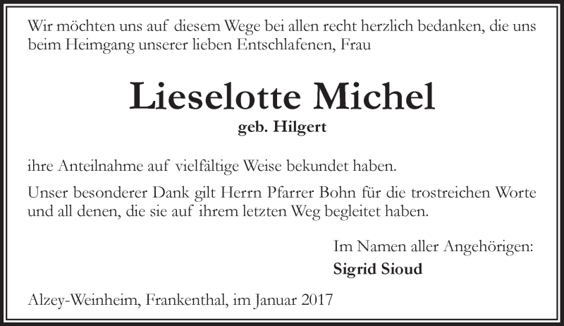  Traueranzeige für Lieselotte Michel vom 14.01.2017 aus Trauerportal Rhein Main Presse