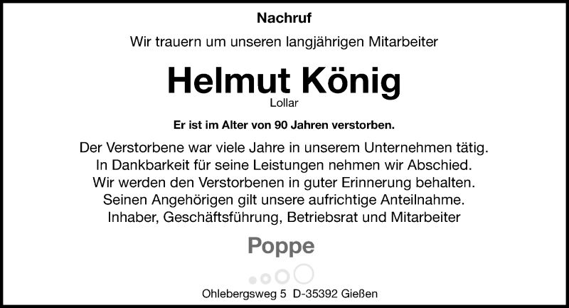  Traueranzeige für Helmut König vom 28.01.2017 aus  Gießener Anzeiger