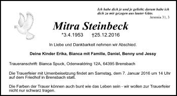 Traueranzeige von Mitra Steinbeck von Trauerportal Echo Online