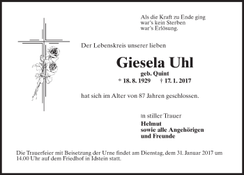 Traueranzeige von Giesela Uhl von Trauerportal Rhein Main Presse