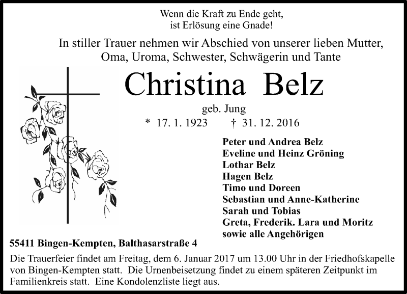  Traueranzeige für Christina Belz vom 03.01.2017 aus Trauerportal Rhein Main Presse