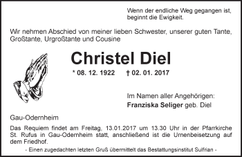 Traueranzeige von Christel Diel von Trauerportal Rhein Main Presse