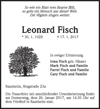 Traueranzeige von Leonard Fisch von Trauerportal Rhein Main Presse