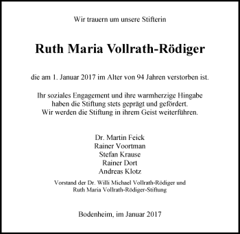 Traueranzeige von Ruth Maria Vollrath-Rödiger von Trauerportal Rhein Main Presse