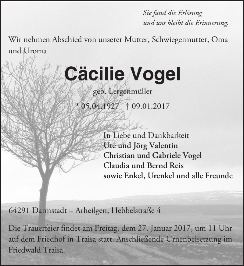  Traueranzeige für Cäcilie Vogel vom 21.01.2017 aus Trauerportal Echo Online