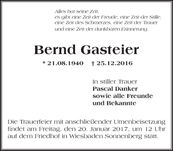 Traueranzeige von Bernd Gasteier von Trauerportal Rhein Main Presse