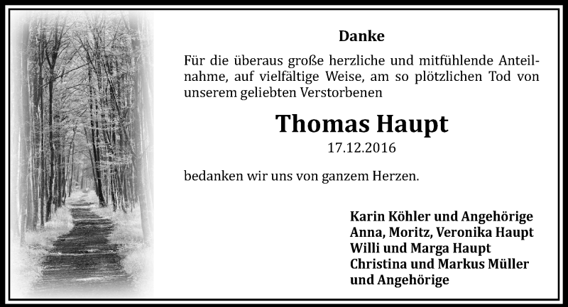  Traueranzeige für Thomas Haupt vom 21.01.2017 aus  Gießener Anzeiger