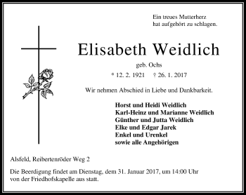 Traueranzeige von Elisabeth Weidlich von VRM Trauer