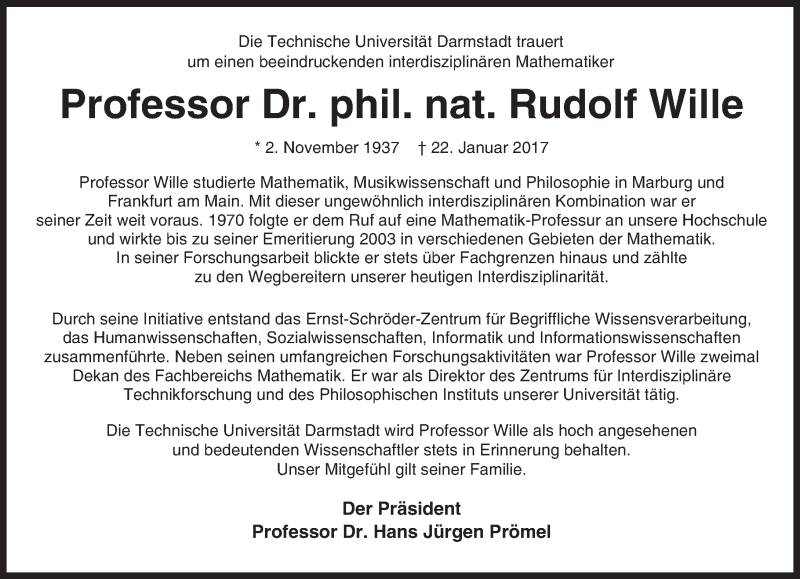  Traueranzeige für Rudolf Wille vom 28.01.2017 aus Trauerportal Echo Online