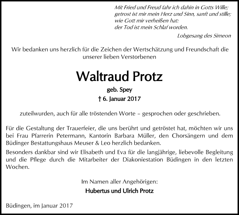  Traueranzeige für Waltraud Protz vom 28.01.2017 aus  Kreisanzeiger