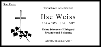 Traueranzeige von Ilse Weiss von VRM Trauer