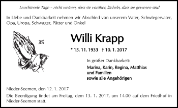 Traueranzeige von Willi Krapp von  Kreisanzeiger