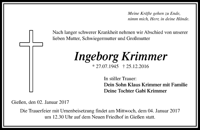  Traueranzeige für Ingeborg Krimmer vom 02.01.2017 aus  Gießener Anzeiger