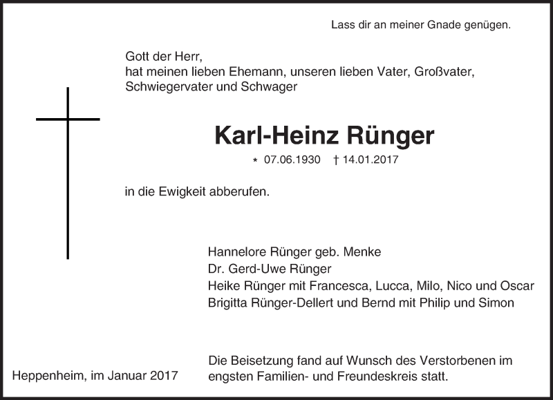  Traueranzeige für Karl-Heinz Rünger vom 28.01.2017 aus Trauerportal Echo Online
