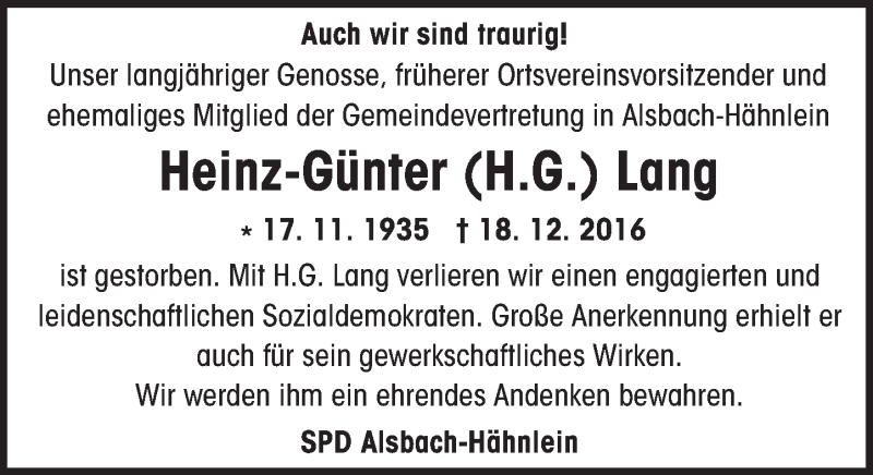  Traueranzeige für Heinz-Günter Lang vom 07.01.2017 aus Trauerportal Echo Online