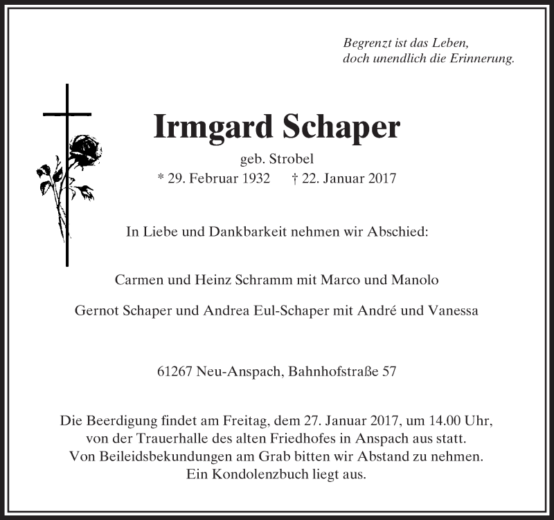  Traueranzeige für Irmgard Schaper vom 25.01.2017 aus  Usinger Anzeiger