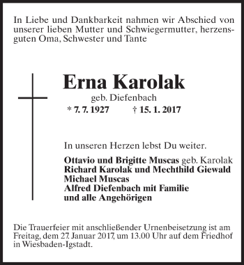 Traueranzeige von Erna Karolak von Trauerportal Rhein Main Presse
