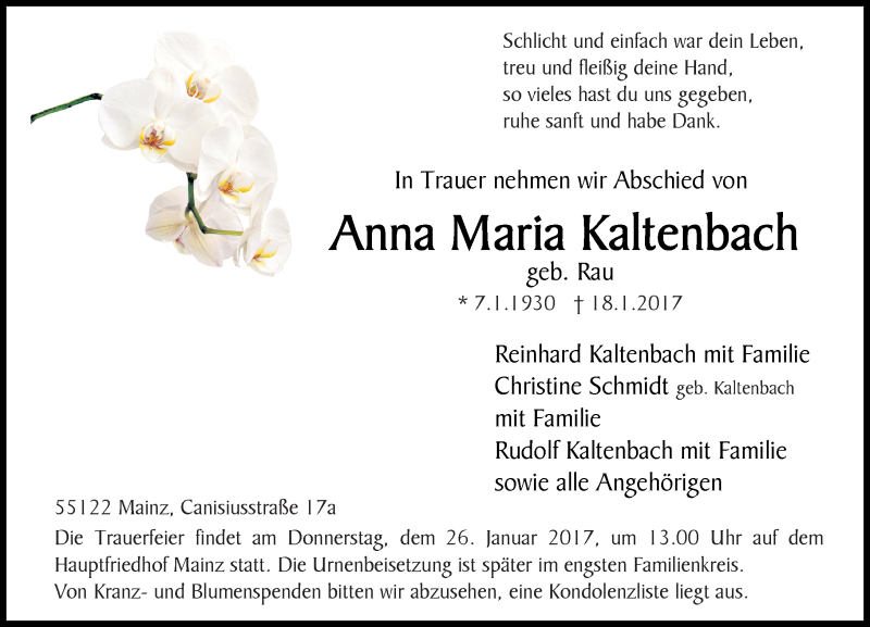  Traueranzeige für Anna Maria Kaltenbach vom 21.01.2017 aus Trauerportal Rhein Main Presse