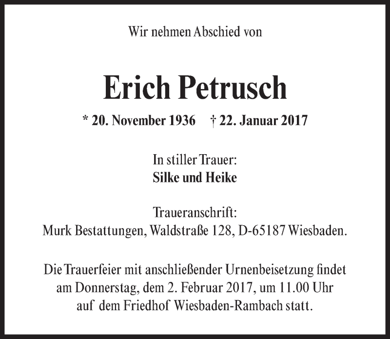  Traueranzeige für Erich Petrusch vom 28.01.2017 aus Trauerportal Rhein Main Presse