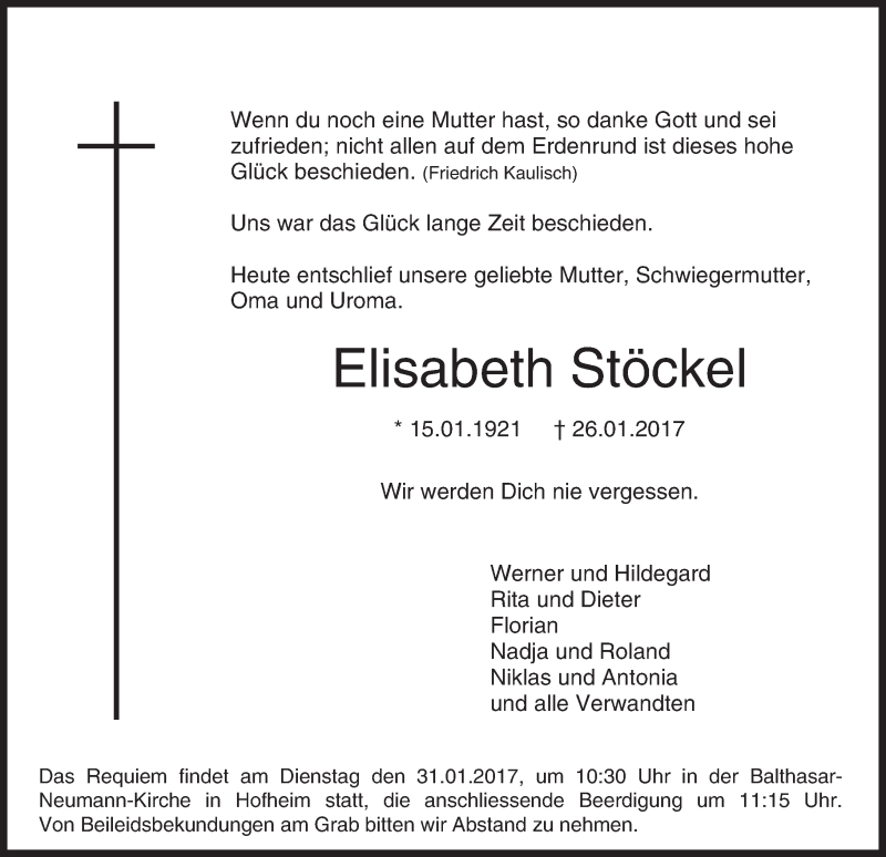  Traueranzeige für Elisabeth Stöckel vom 30.01.2017 aus Trauerportal Rhein Main Presse