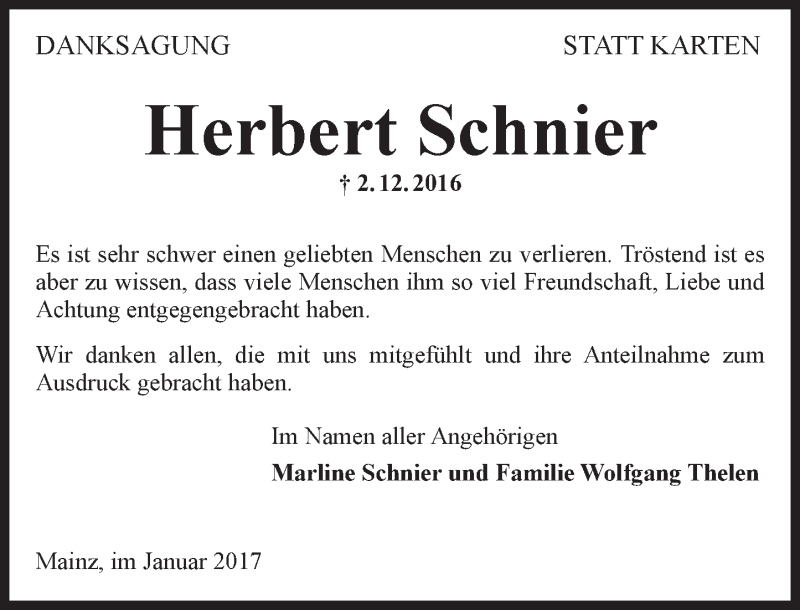 Traueranzeige für Herbert Schnier vom 07.01.2017 aus Trauerportal Rhein Main Presse
