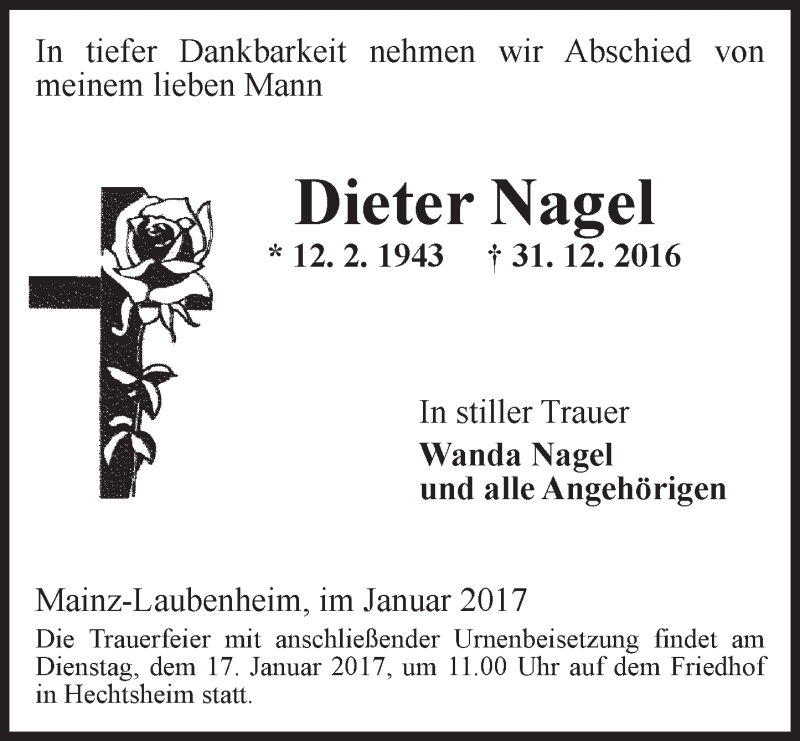  Traueranzeige für Dieter Nagel vom 14.01.2017 aus Trauerportal Rhein Main Presse