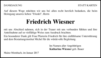 Traueranzeige von Friedrich Wiesner von Trauerportal Rhein Main Presse